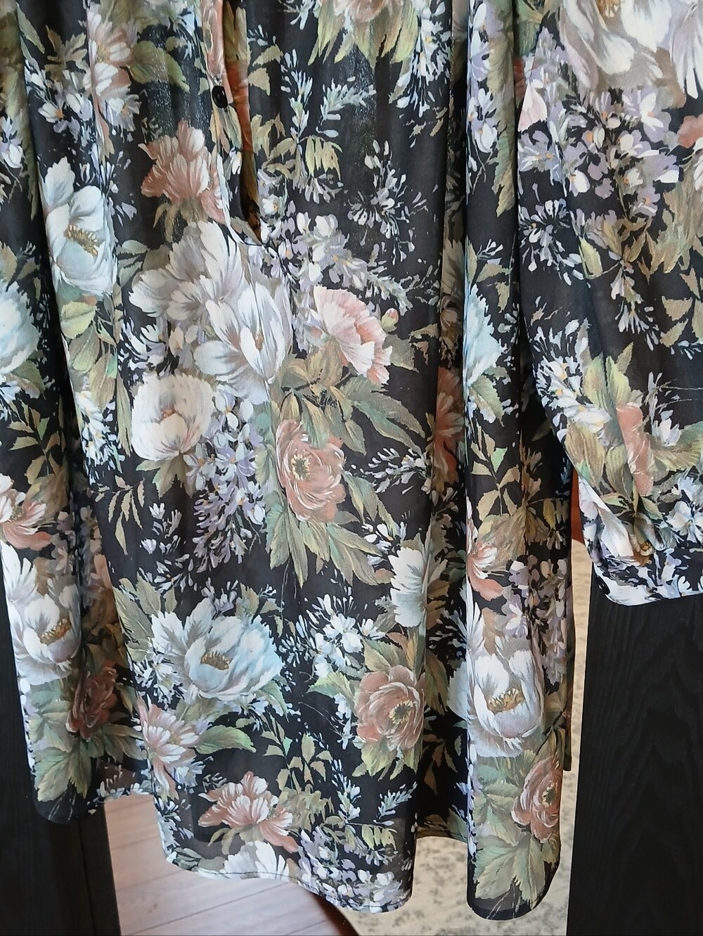 VTG 70s Dress Tunic Black Floral Teddi Of California Sz 12 - Picture 3 of 8